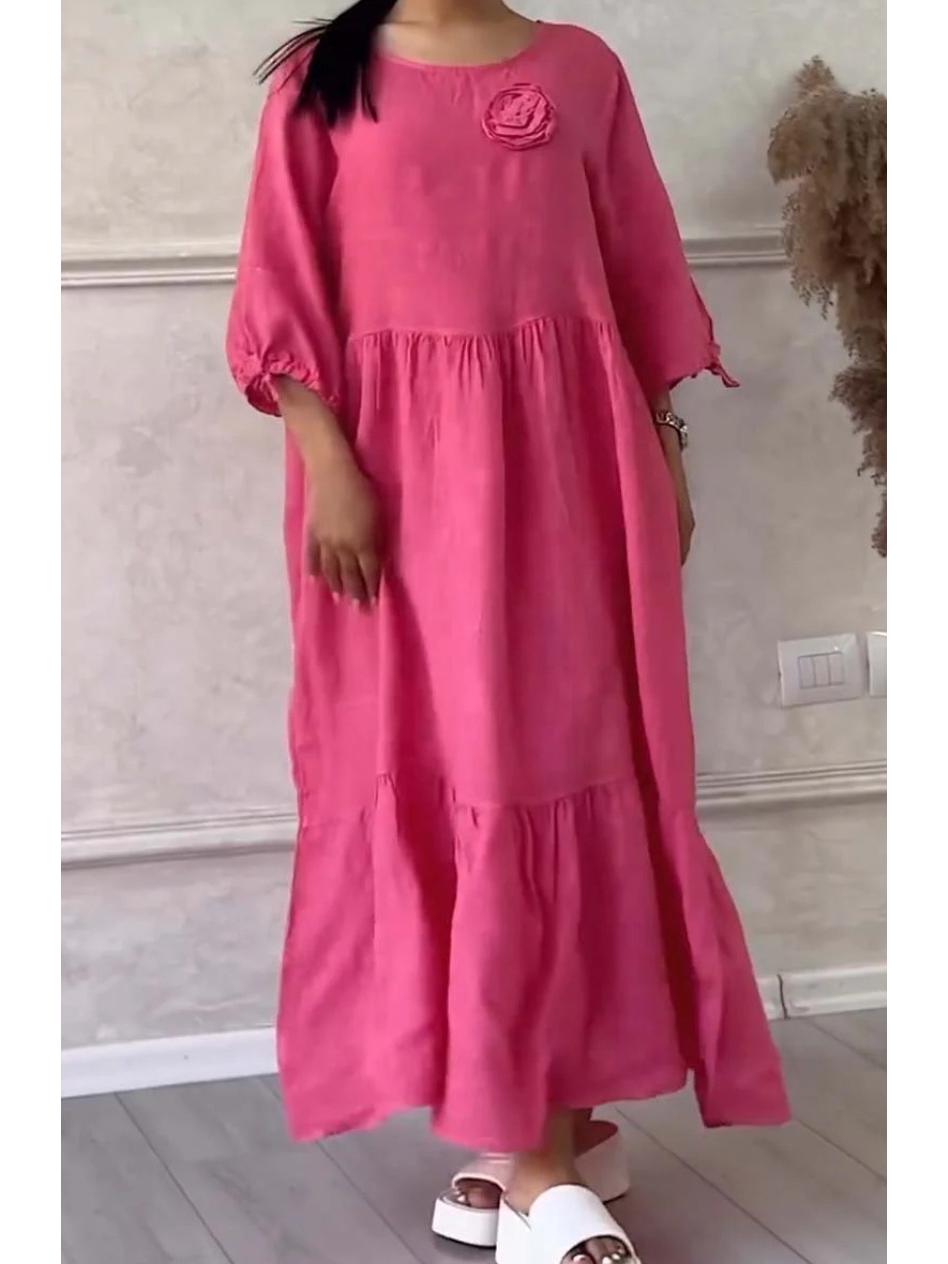 

2024 Женское повседневное платье однотонного цвета - Круглый вырез, Длинный рукав, Сборка на кулиске сзади, Стиль кросс-бордер M розы красного