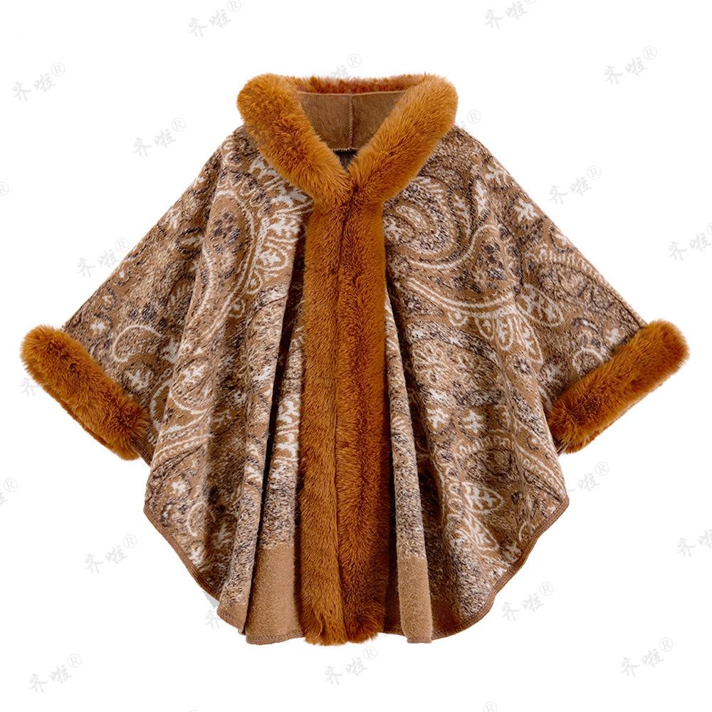 Boho Print Warm Faux Fur Shawl for Women Soft Comfortable Stylish Poncho Cape with Hooded Oversized Cape Luxury Fur Cape for Evening Party