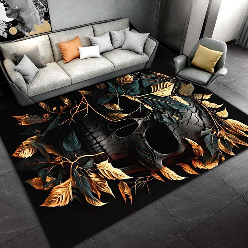 "Dark Skull with Golden Leaves Design Carpet for Home Decor" Suitable for use as an anti-slip for living room bedroom sofas