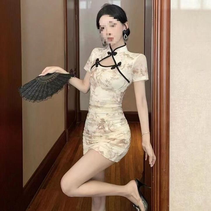 New Improved Qipao Style Hollow-Out Frog Button Dress - Feminine Retro Bodycon Short Skirt