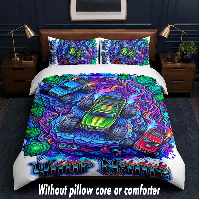 Monster Truck Theme Custom Text Or Name 3Pcs Bedding Set,1 Flat Sheet & 2 Pillowcases Personalized Home Bedding