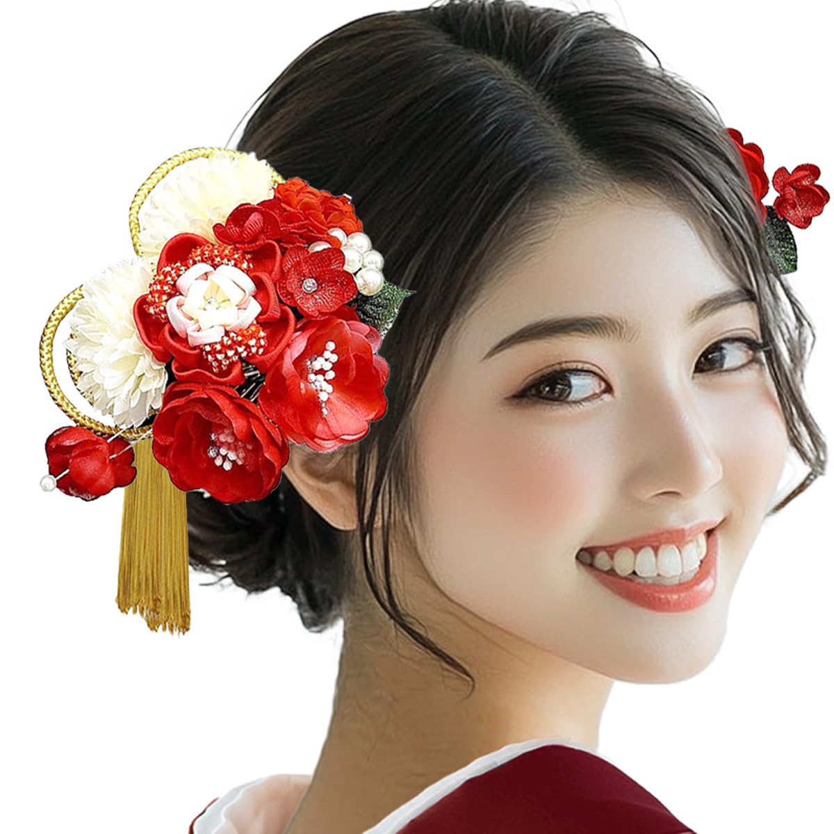 

Kyoto Usagido Hair Ornament Set for Kimono and Ceremonies and Floral Chirimen (2 Pieces) (Furisode) Coming-of-Age (kk-006) White, Red,