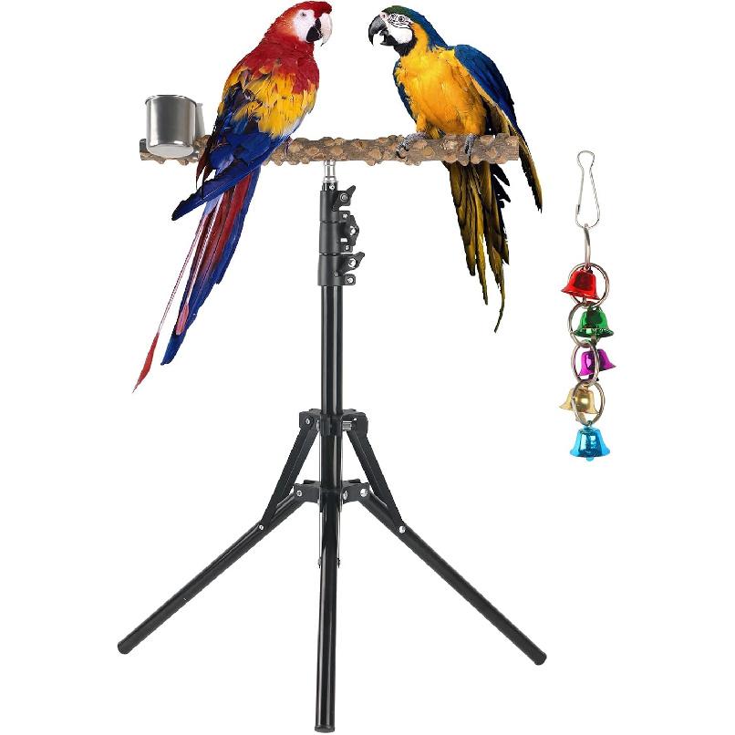 Adjustable Bird Perch Stand, 16-62 Inch Height Adjustable Bird Training Perch Stand with Feeding Cups and Swing Toy, Natural Pepper Wood Parrot Perch