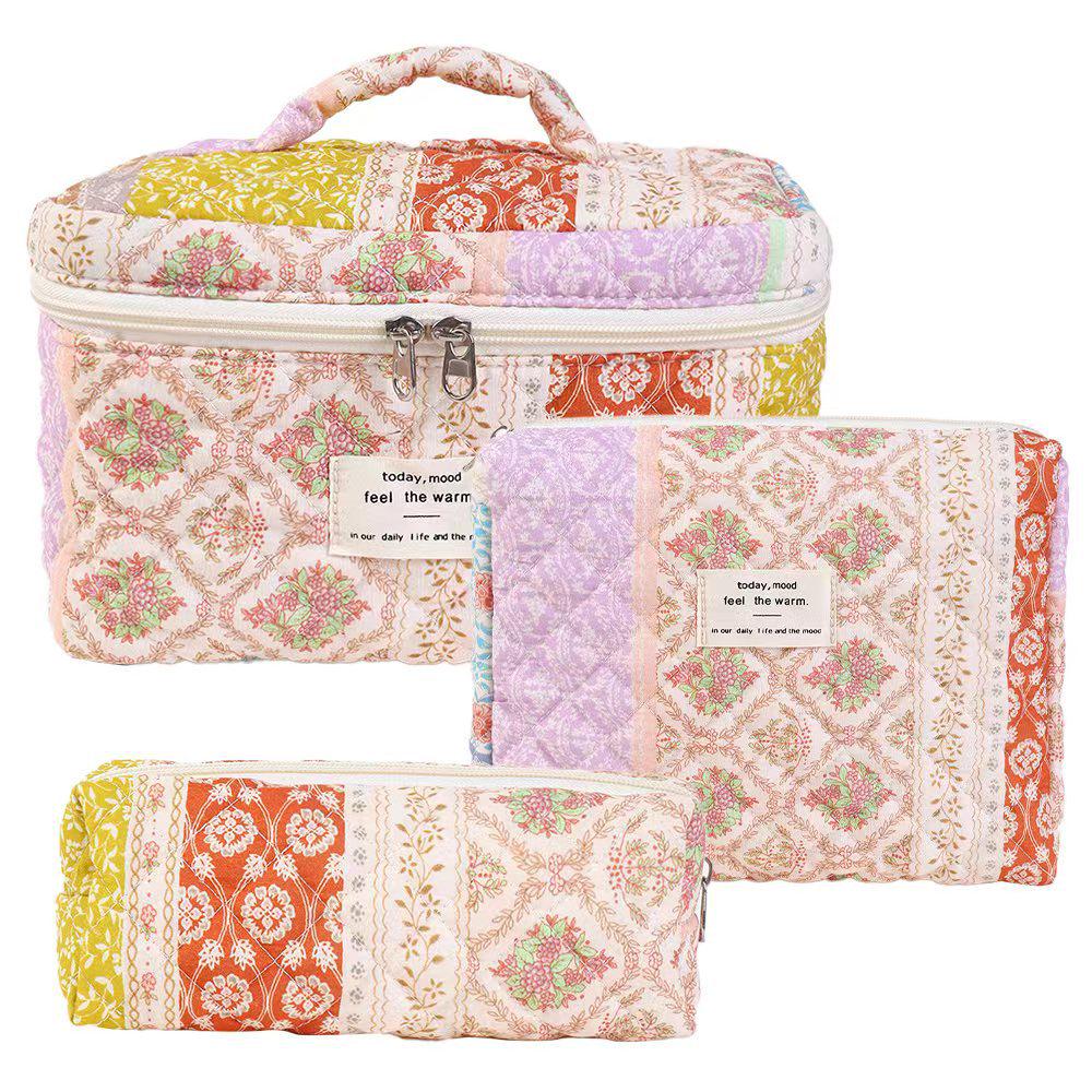 Large-Capacity Quilted Cotton Floral Makeup Bag - Portable and Cute for Travel or Student Use
