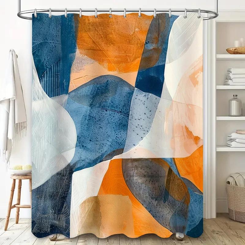 Modern abstrakt duschdraperi med blå, orange, vita, grå mönster för badrumsinredning, vattentätt tyg, 72x84 tum (180 cm