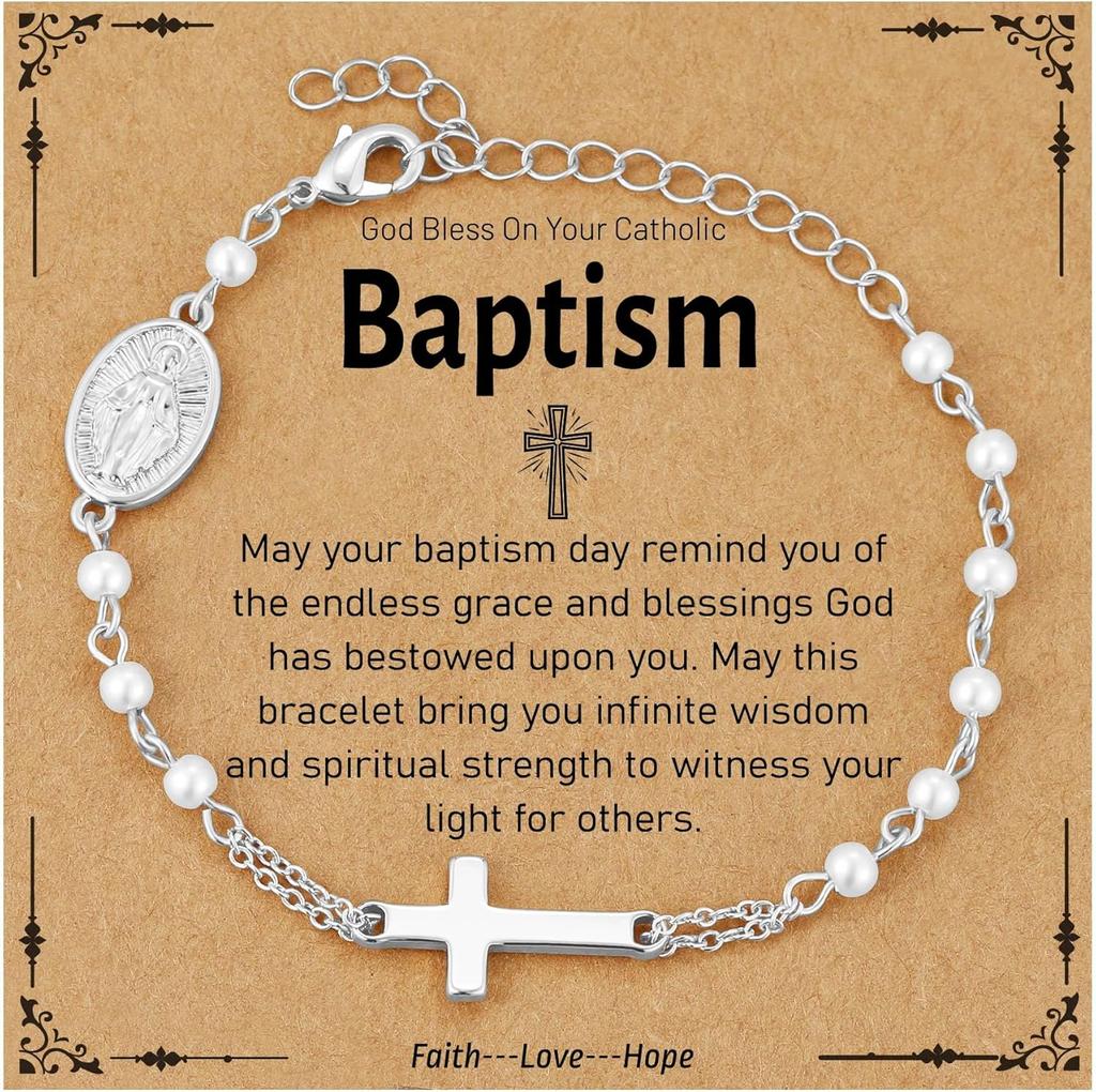Catholic Gifts for Women Girls Pearl Rosary Beads Virgin Mary Cross Bracelet First Communion Baptism Religious Christian Jewelry