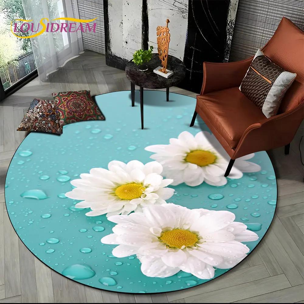 3D Daisy Nordic Flower Sunflower Round Area Rug,Carpet for Living Room Children's Bedroom Sofa Playroom Decor,Non-slip Floor Mat