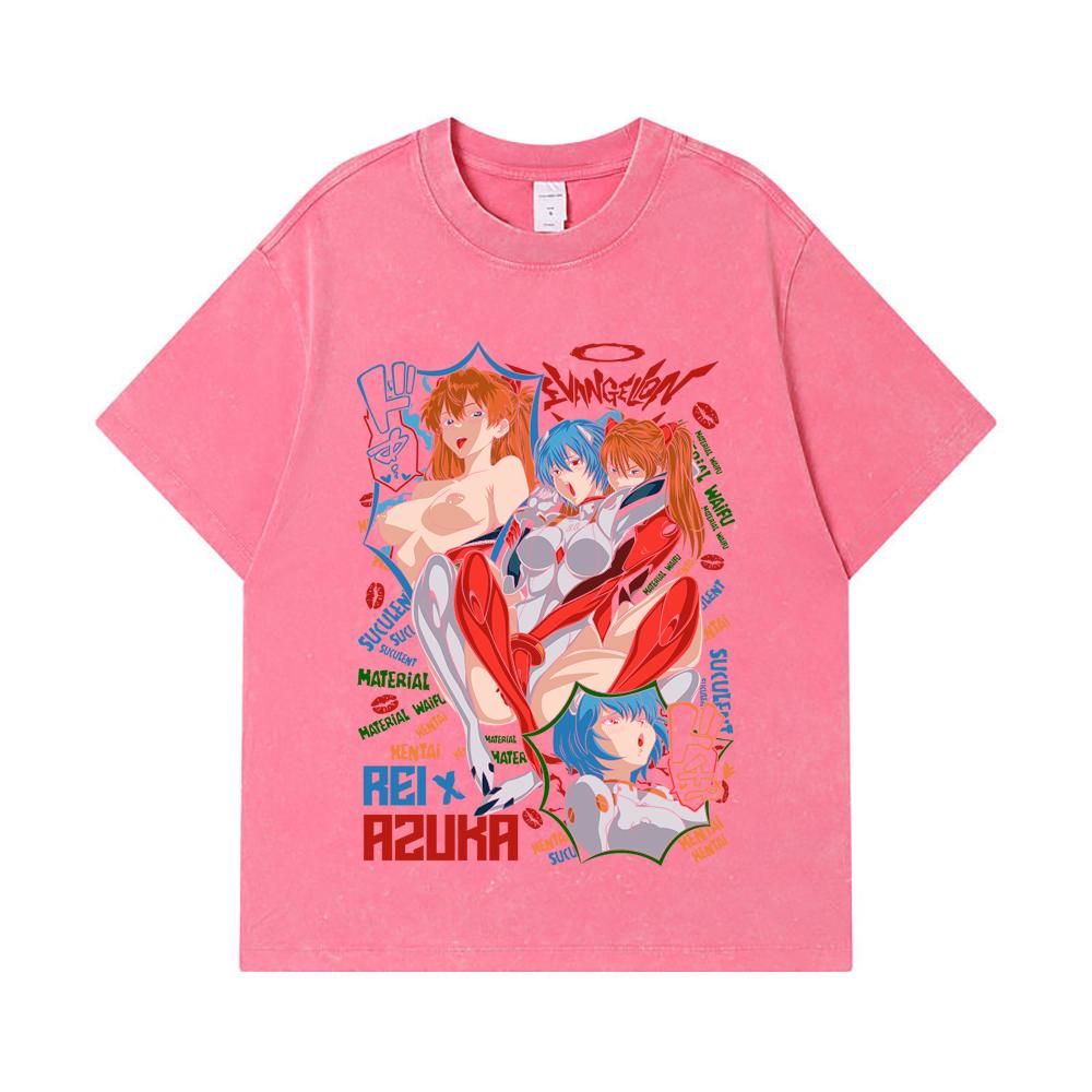 275 GSM Washed T-shirts 100% Cotton Evangelion V9 Asuka Rei Waifu Print Unisex Heavy Cotton T Shirt