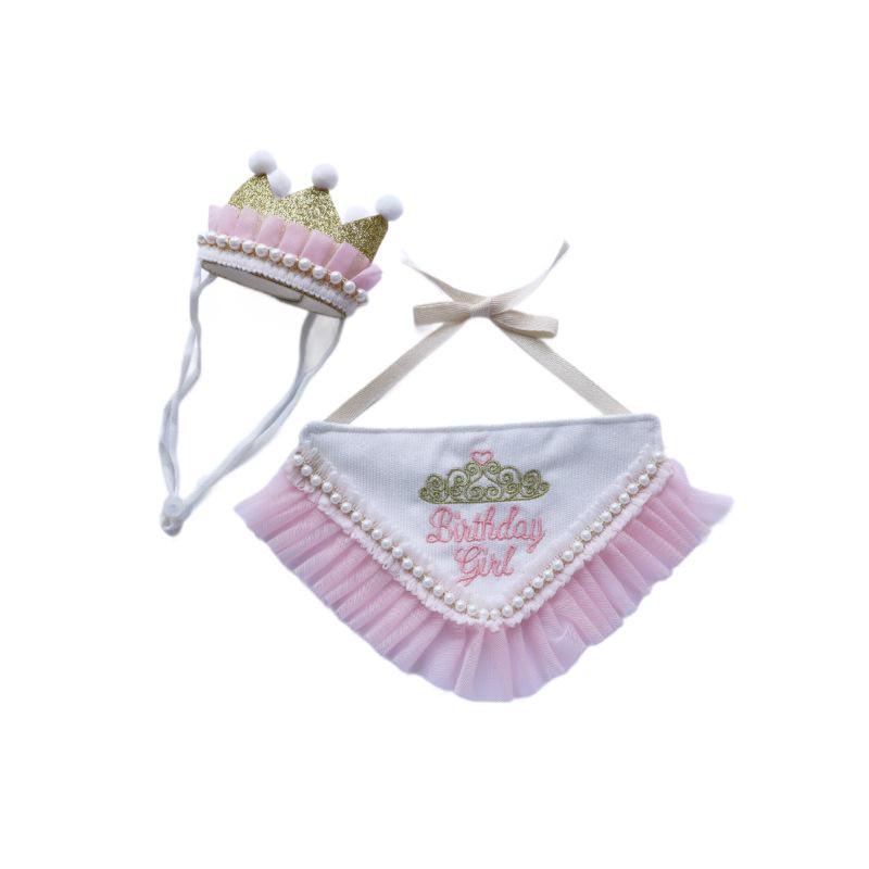 Pet Birthday Bandana & Crown Set with Embroidery and Lace