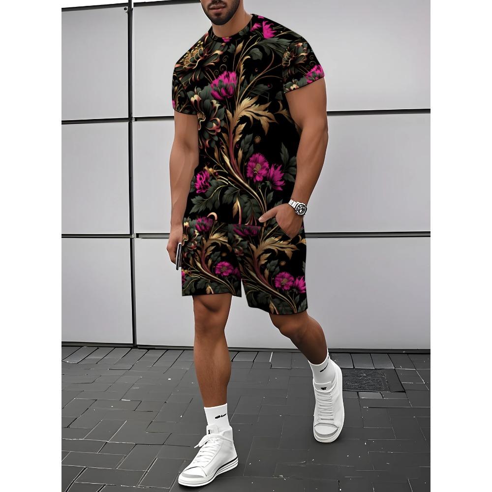 Men'S Summer Tropical Print Short Sleeve Set, Fashion Casual Two-Piece Suit, Sports Shorts And T-Shirt Matching