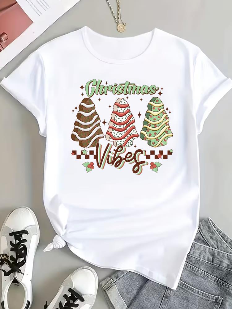 (Asian Size) Tree Cute 90s Tee Top Print New Year Clothing T Shirt Women Fashion Christmas Festival Woman Short Sleeve Graphic T-shirts