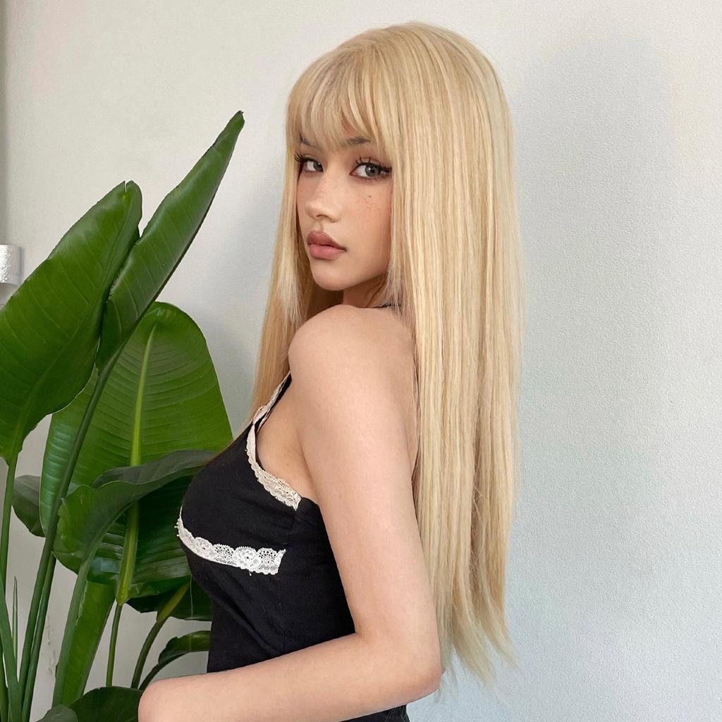 Blonde Golden Long Straight Synthetic Wigs with Bangs Beige Lolita Hairs Wig for Women Daily Party Heat Resistant Fiber