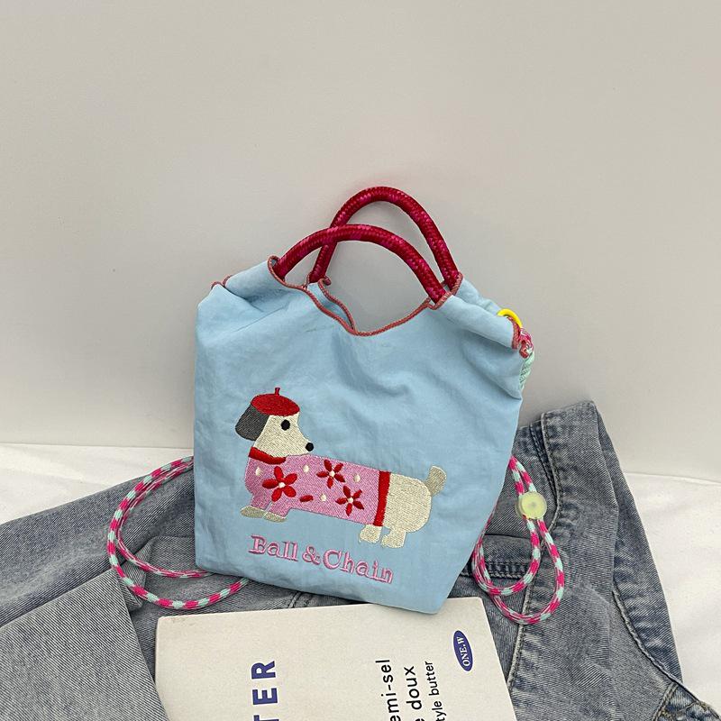 Korean Embroidered Dachshund Cartoon Women's Fashion Handbag - Versatile Color Block Shoulder and Crossbody Bag