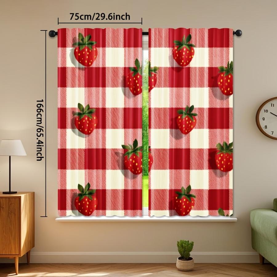 Digital Printed Curtains with Strawberry Plaid Design, Stylish Window Drapes for Living Room Bedroom Home Decoration