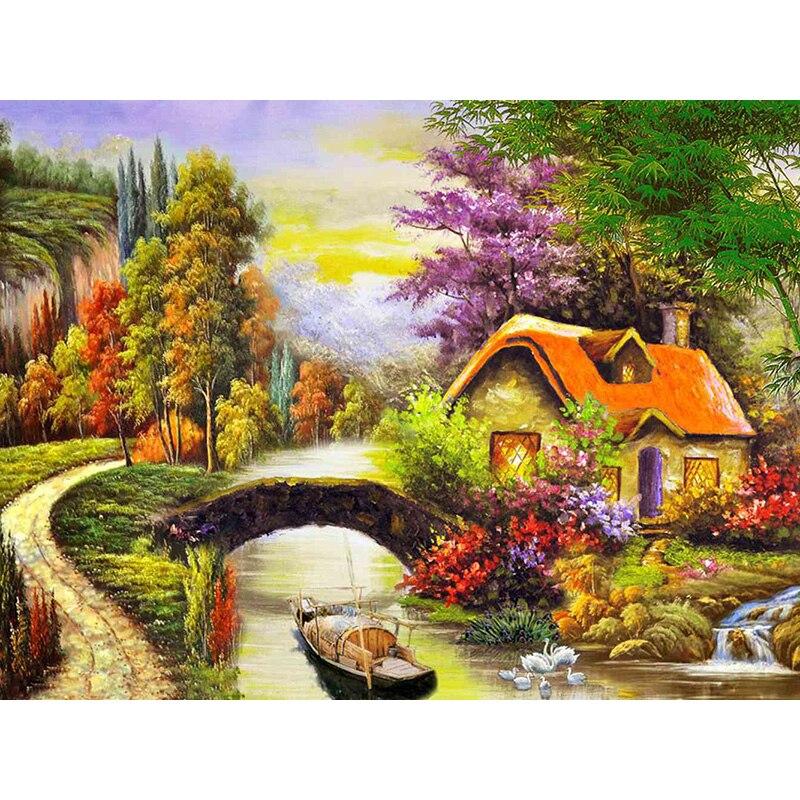 Pictură cu diamant 5D DIY, peisaj, casă, broderie cu diamant, peisaj, punct de cruce, burghiu rotund complet, decor cadou manual