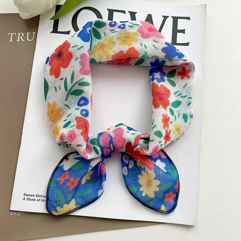 Sunscreen headscarf silk scarf female design cotton and linen small square scarf sweet new pastoral floral scarf light and breathable