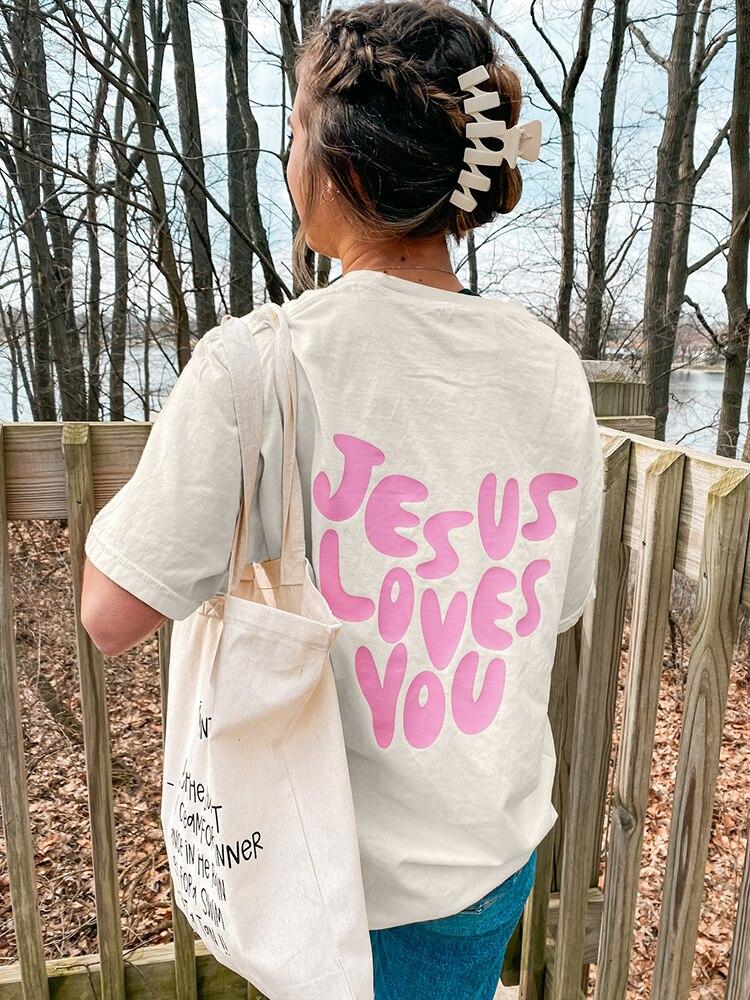 Jesus Loves Me Letter Tricouri pentru femei Topuri supradimensionate respirabile Creativitate Toate matematice Mâneci scurte Gâtul O femei Tricou din bumbac Îmbrăcăminte