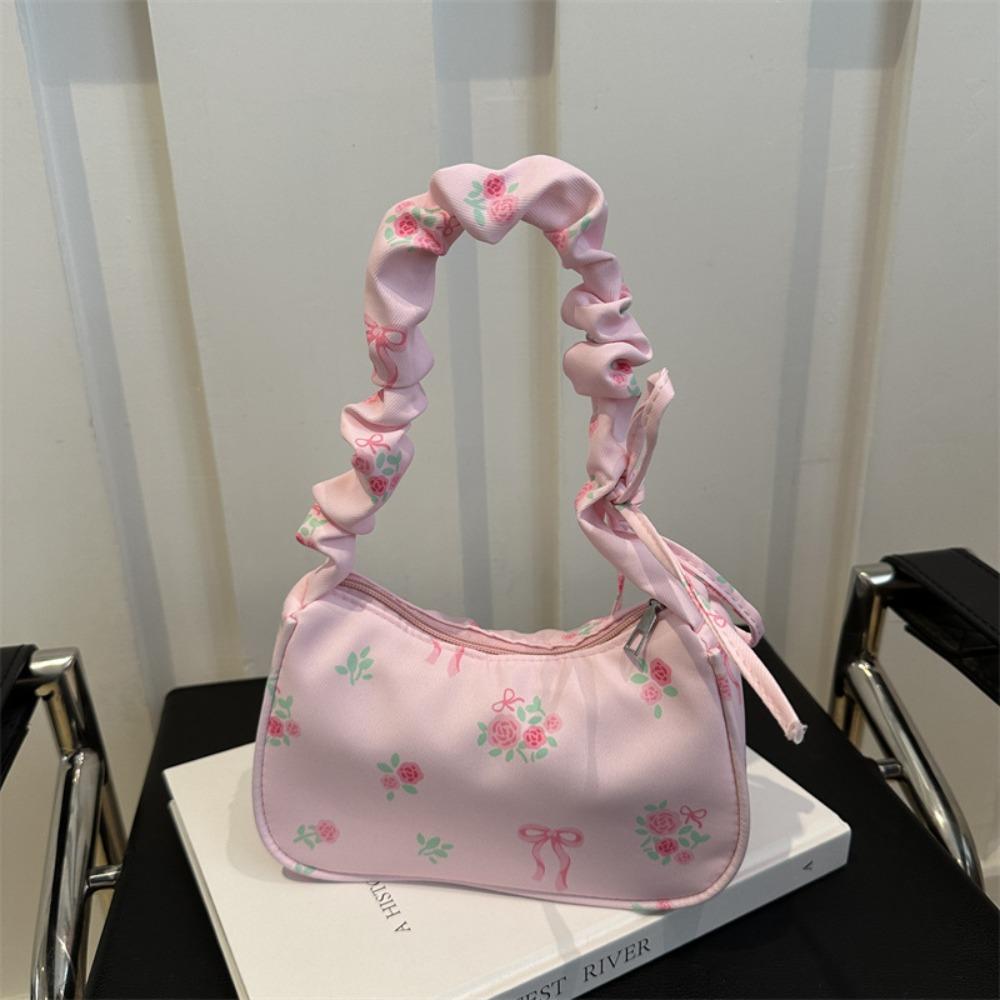 

Sweet Flower Pleated Underarm Bag Nylon Zipper Floral Shoulder Bag Lightweight Large Capacity Girls Handbags рожевий