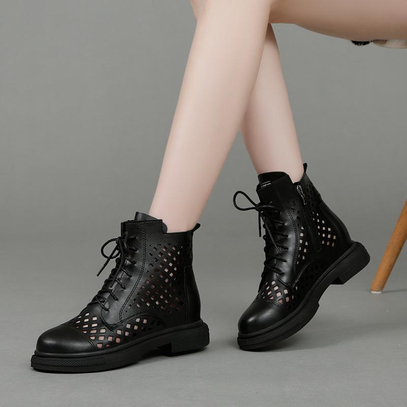 Low-heeled leather hollowed-out Martin boots women's cool boots mesh breathable hole shoes 2025 summer new sandals short boots