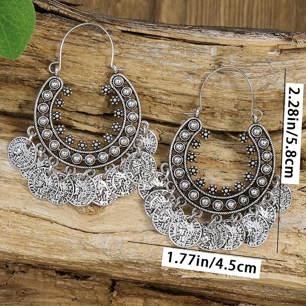 Boucles d'oreilles ethniques rétro pour femmes, crochets d'oreilles en forme de U, petits disques géométriques en alliage de zinc, boucles d'oreilles à pampilles pour toutes les saisons