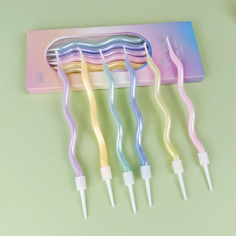 6pcsHappy Birthday Curved Candle Birthday Decoration Curved Thread Creative Long Cake Decoration Valentine's Day Romantic Candle
