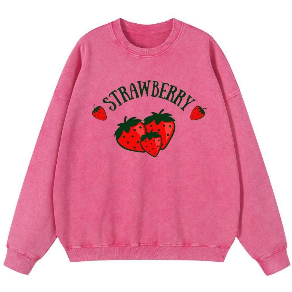 Strawberry Print Women'S Vintage Washed Cotton Sweatshirt Korean Thin Style Simple Hoodie Street Oversize Autumn
