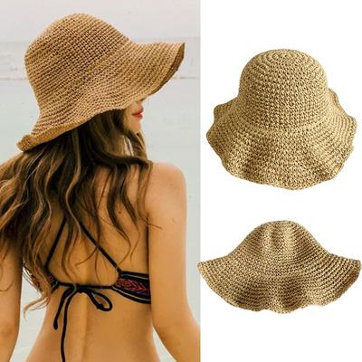 Retro Bohème Stil Damen Stroh Sommer Outdoor Hut Stroh Gewebt Reise Strand Fischer Eimerhut Großer Rand Weiche Faltbare Kappe
