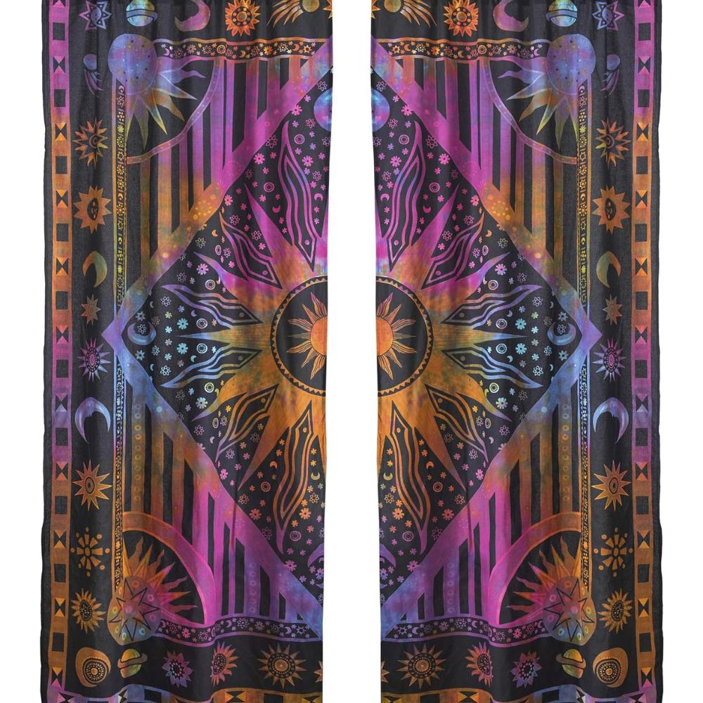Bless International Beautiful Indian Bohemian Psychedelic Hippie Burning Sun Window Curtain Panels for Bedroom, Living, Balcony (Purple Tie Dye)
