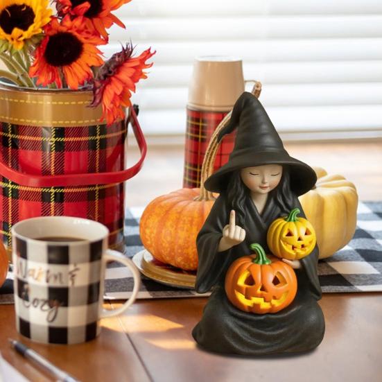 Halloween Ornament Dark Humor Witchcraft Vibe Creepy Witch Statue Black Robe Cat Themed Resin Home Decor