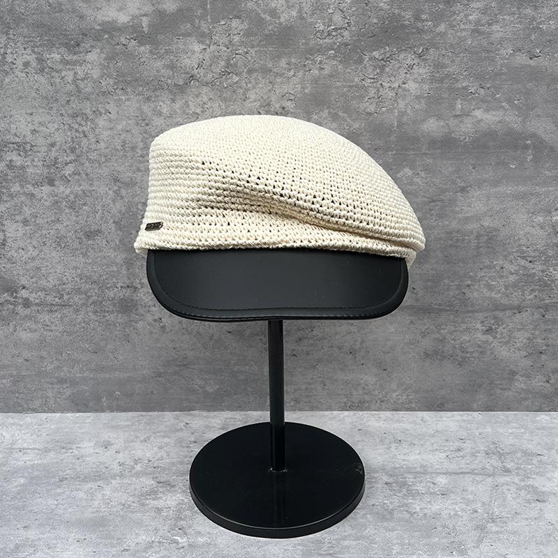 Versatile Temperament Leather Brim Inclined Top Hemp Rope Woven Face Small Equestrian Straw Hat Women'S Summer Retro Beret