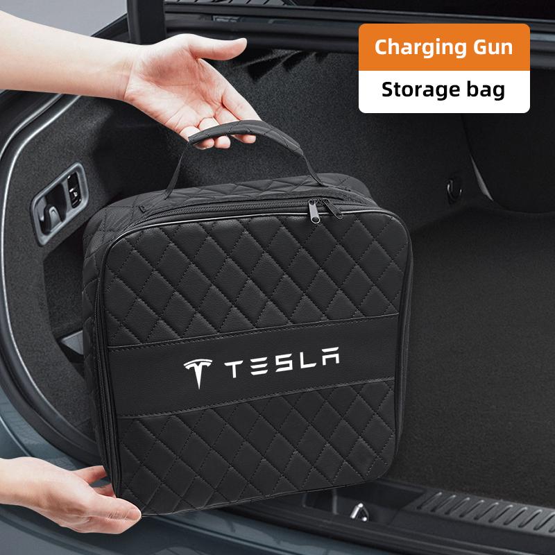Car Charging Gun Leather Bag Storage Box Auto Accessories For Tesla Model 3 Model S Model X Model Y Cybertruck Roadster SpaceX