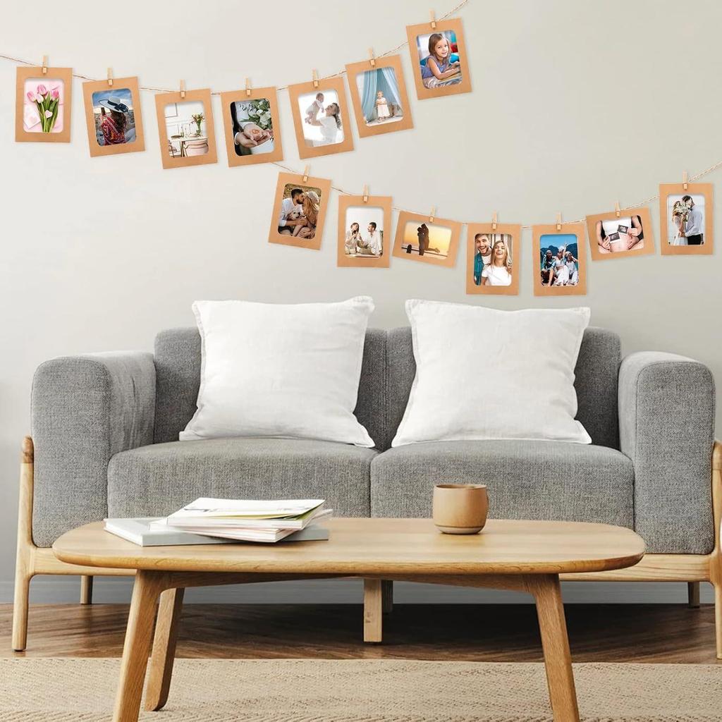 20 Photo Albums, 20 Clips and 2 Rolls of Jute Cord Paper Frame Set, Hanging Photo Display Banner, Suitable for Home, Wedding and Party Decorations