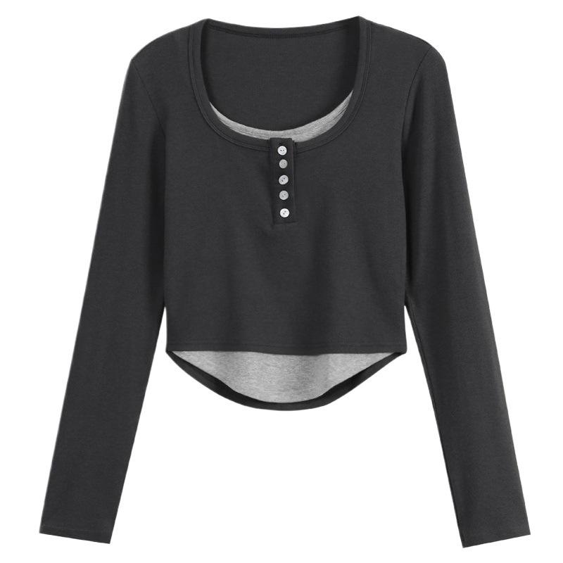 Square Neck Long-Sleeve Slim Fit T-Shirt for Women - Trendy Autumn Design