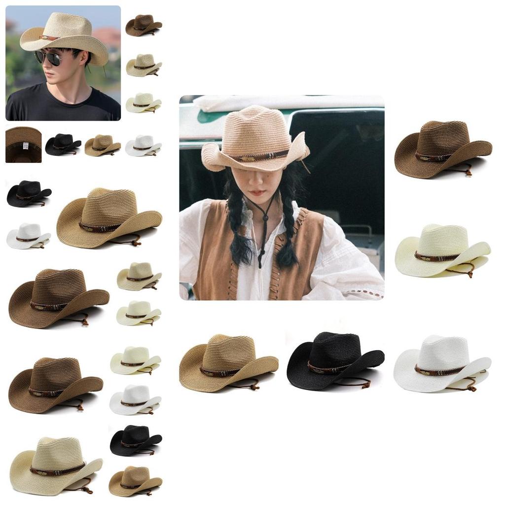 Adjustable Western Cowboy Straw Hat For Women Perfect For Outdoor Beach Activities With Sun Protection And Stylish Brim