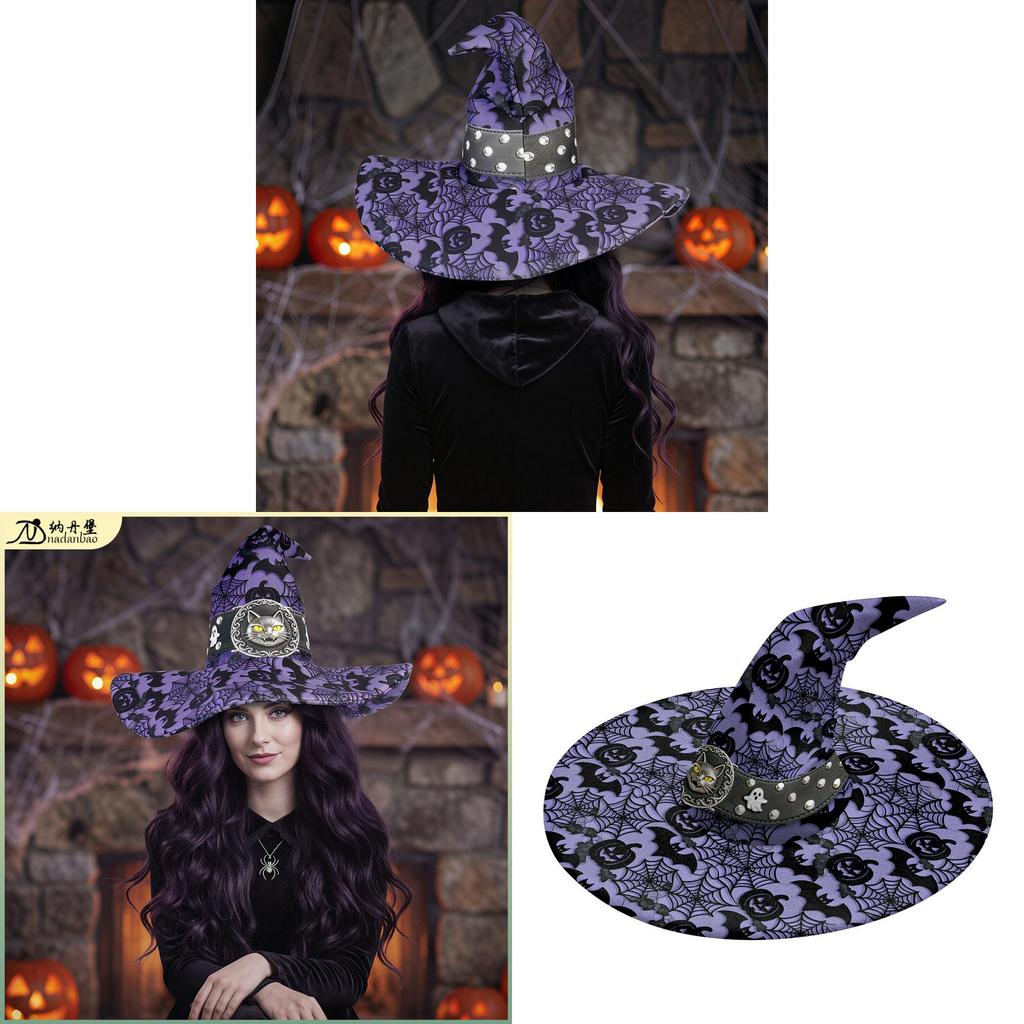 Halloween Witch Hat Costume With Bat And Pumpkin Print For Stage Performance And Party Decor
