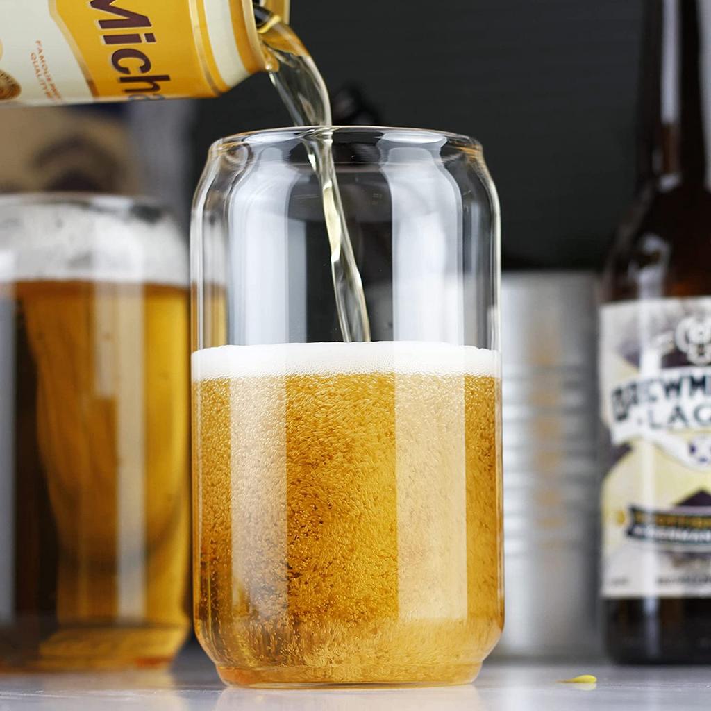 Trinkgläser mit Glasstrohhalm 4er-Set Dosenförmige Biergläser Tasse Eiskaffee-Gläser für Whiskey Soda Tee Cocktail Trinkgeschirr