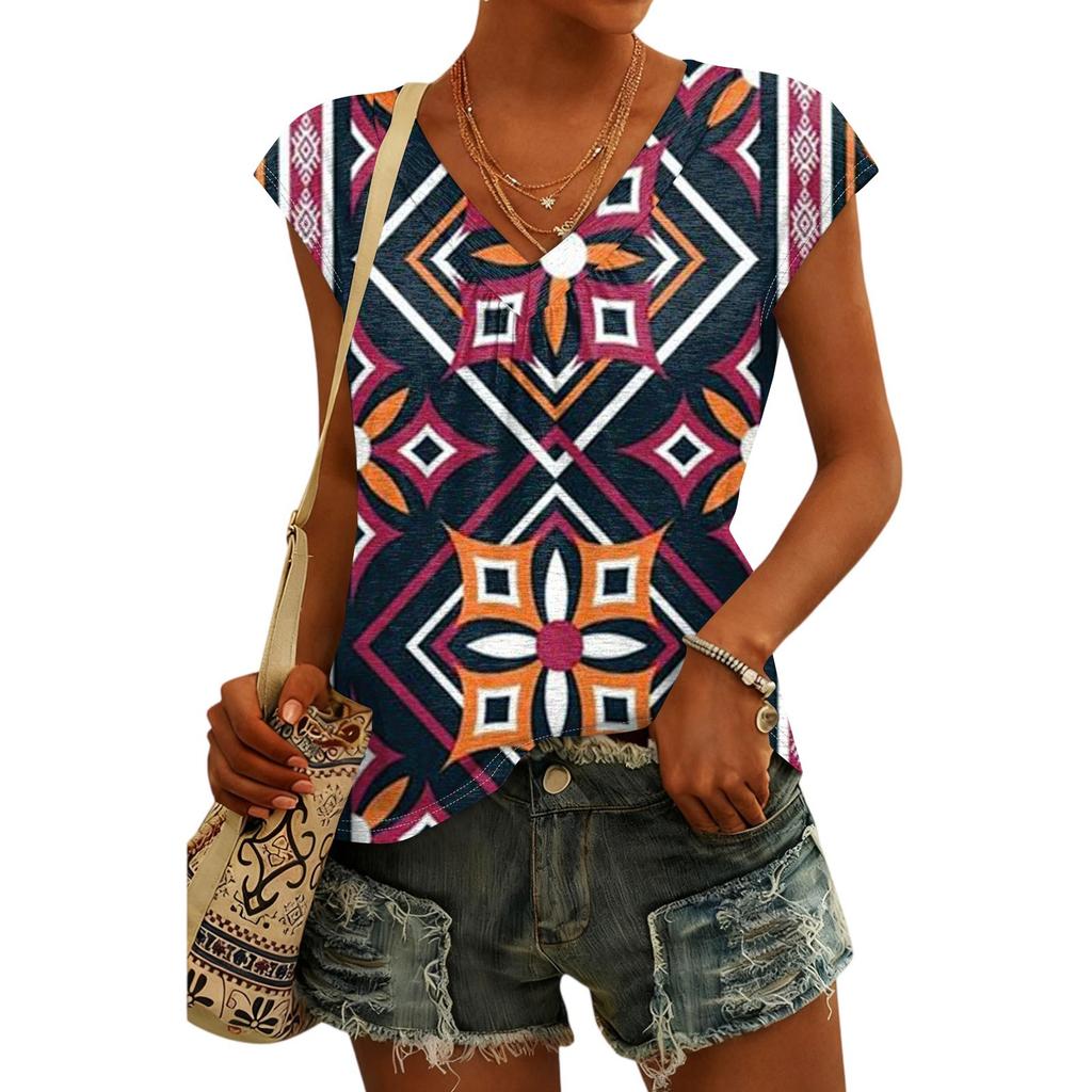 Women's Fashion V-neck Bohemian Print Short Sleeve Top