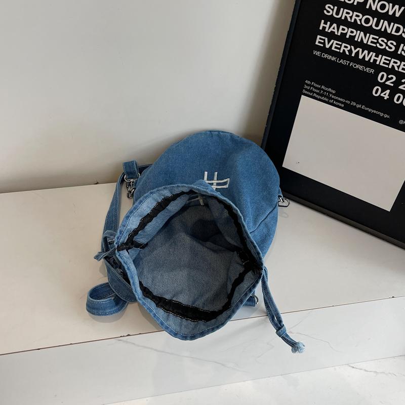 Embroidered Drawstring Bucket Bag Women's Denim Multi-Purpose Shoulder Bag