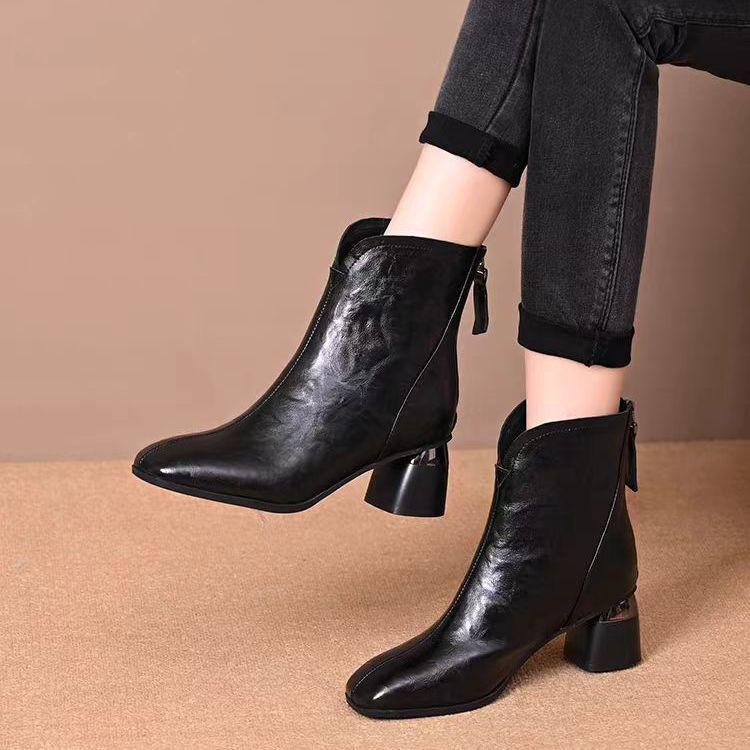 

Французькі жіночі черевики на товстому підборі до щиколотки - Мода осінь/зима 2025, Зручний квадратний носок плюс вельветова бавовна 40