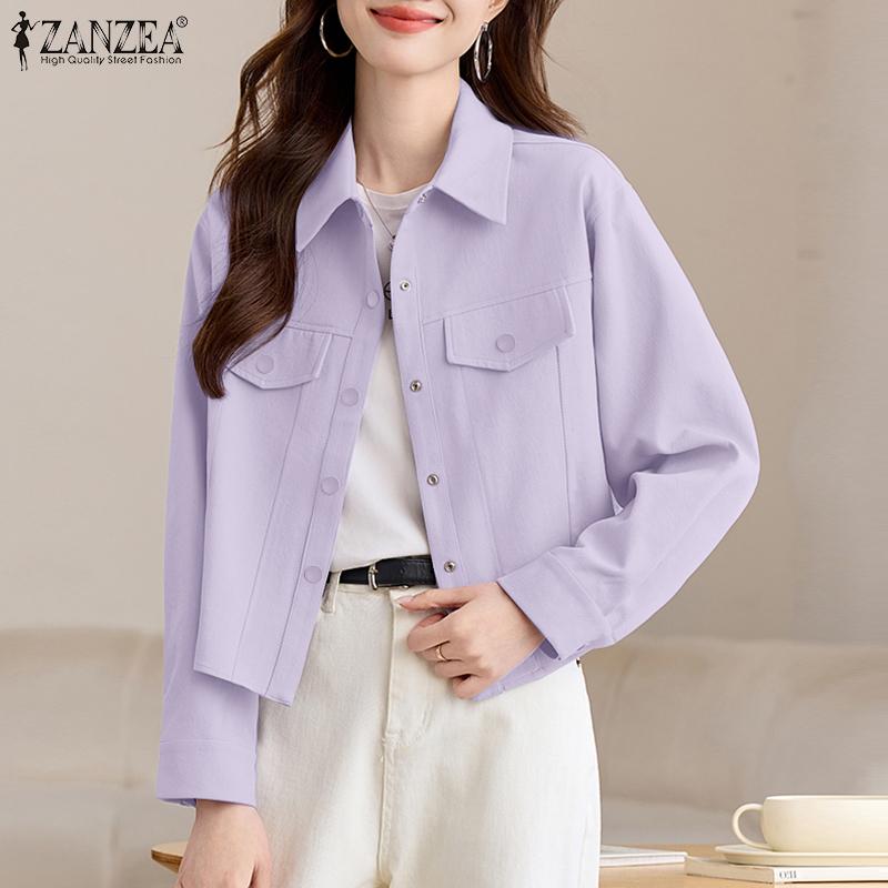 ZANZEA Women Casual Turn Down Collar Long Sleeve Plain Blouse