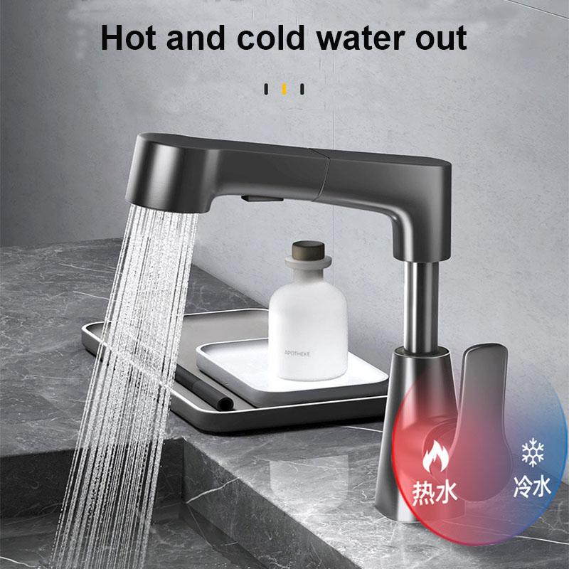 Retractable Bathroom Sink Faucet with Lift Function: Dual Spray, Reinforced Copper Alloy, Ceramic Valve Core, Black/Silver/White