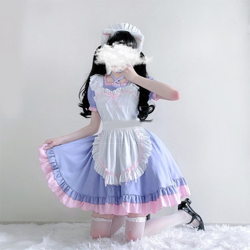 3Pcs Sweet Maid Outfit Women Anime Maid Costume Fancy Dress Cosplays Costume Maid Dress with Headwear Apron
