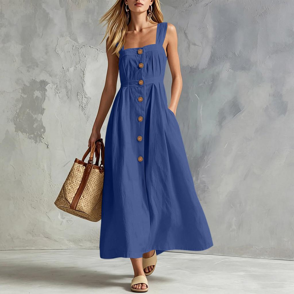 Women Sleeveless Button Front Maxi Dress Casual Long Dress with Pockets Lightweight Summer Sundress