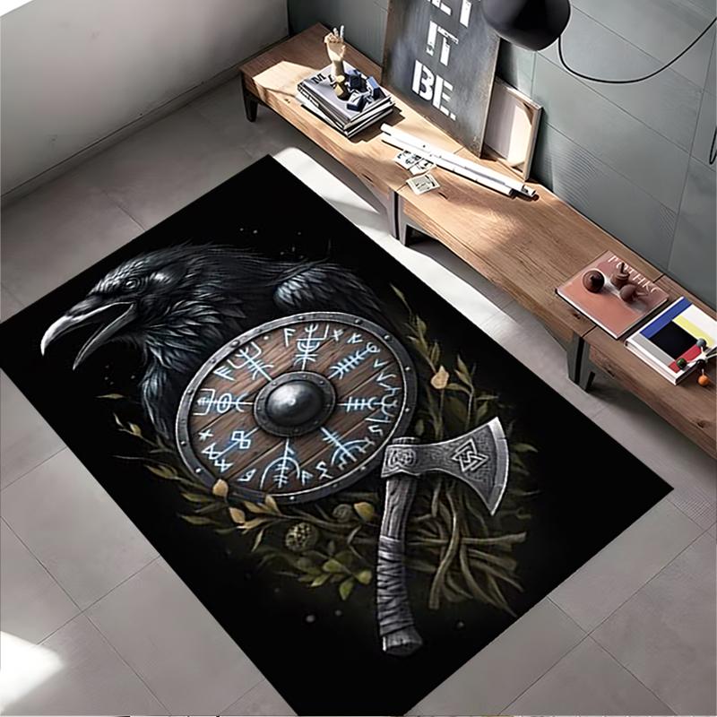 Spiritual Area Rug, Viking Raven Shield Axe Rune Wood Nature Poster, Living Room Decor, Non-Slip Mat