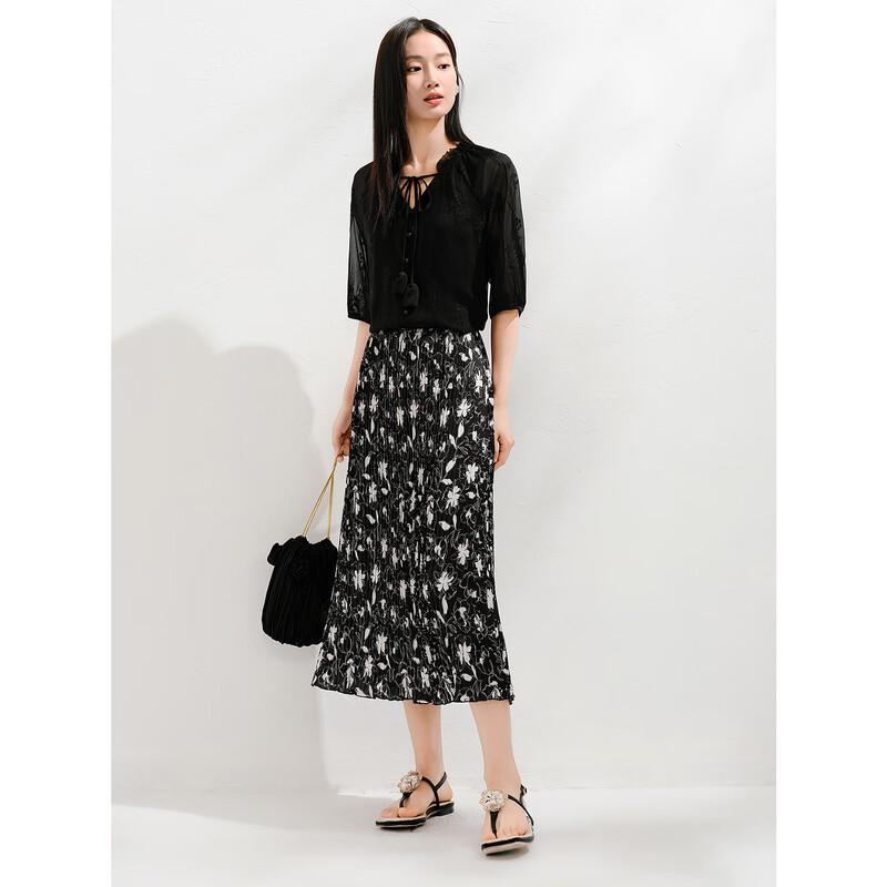 JUZI Annakou Elegant Floral Chiffon Pleated Midi Skirt M