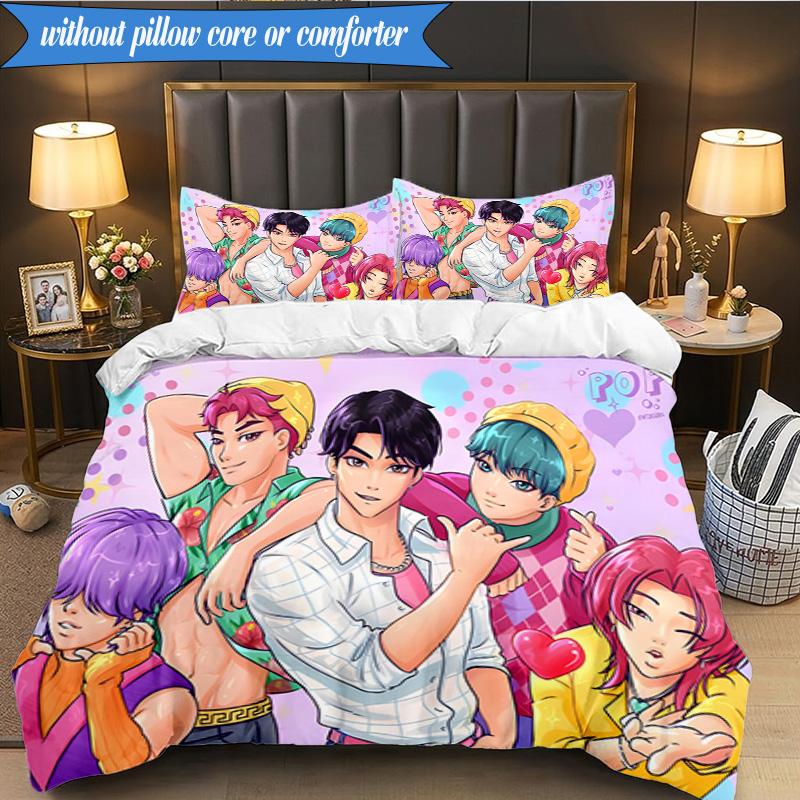 Colorful Kpop Cartoon 3pcs K-pop Music Group Bedding set,Ideal for Bedroom, Dormitory,Including Duvet Cover And 2pcs Pillowcases,Fan Gifts