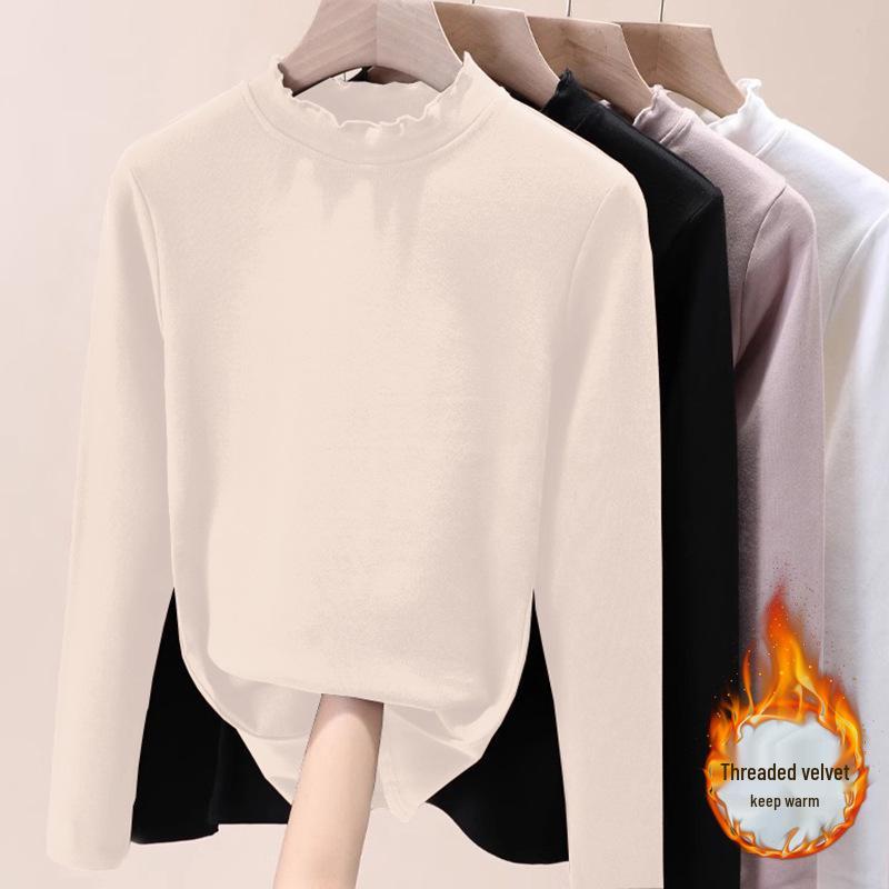 De Velvet Women's High Neck Fleece Base Layer, Plus Size Long Sleeve, Printed, Thick & Warm Top for 2025 Autumn/Winter.