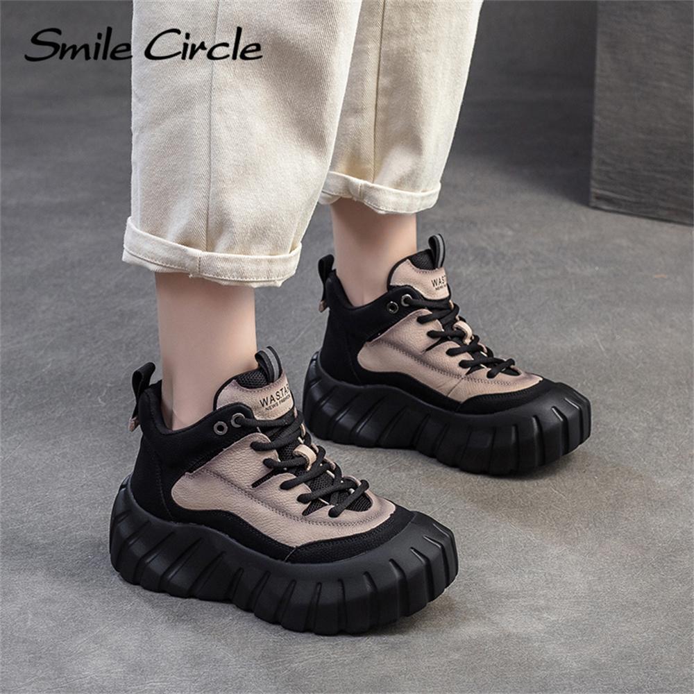 Damen Sneakers aus echtem Leder mit runder Spitze und dicker Unterseite, bequeme modische Freizeitschuhe