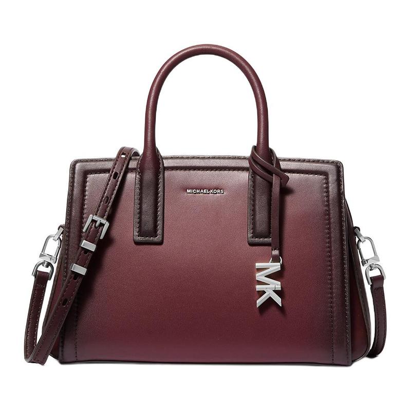 MICHAEL KORS Laila brand logo charm silver hardware polished cow split leather handbag small women's brown red