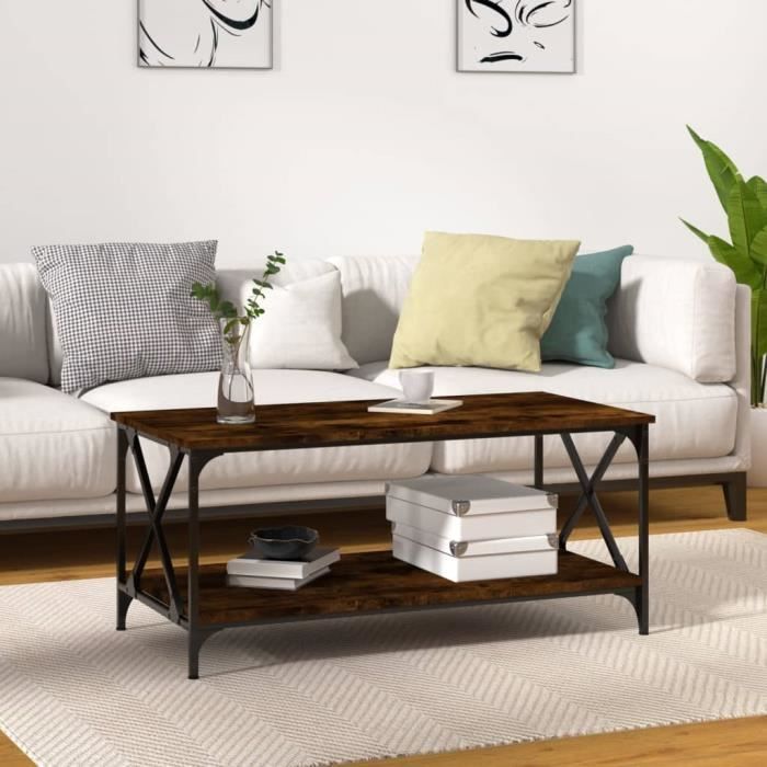 823309 vidaXL Coffee Table Smoked Oak 100x50x45 Cm Engineered Wood and Iron